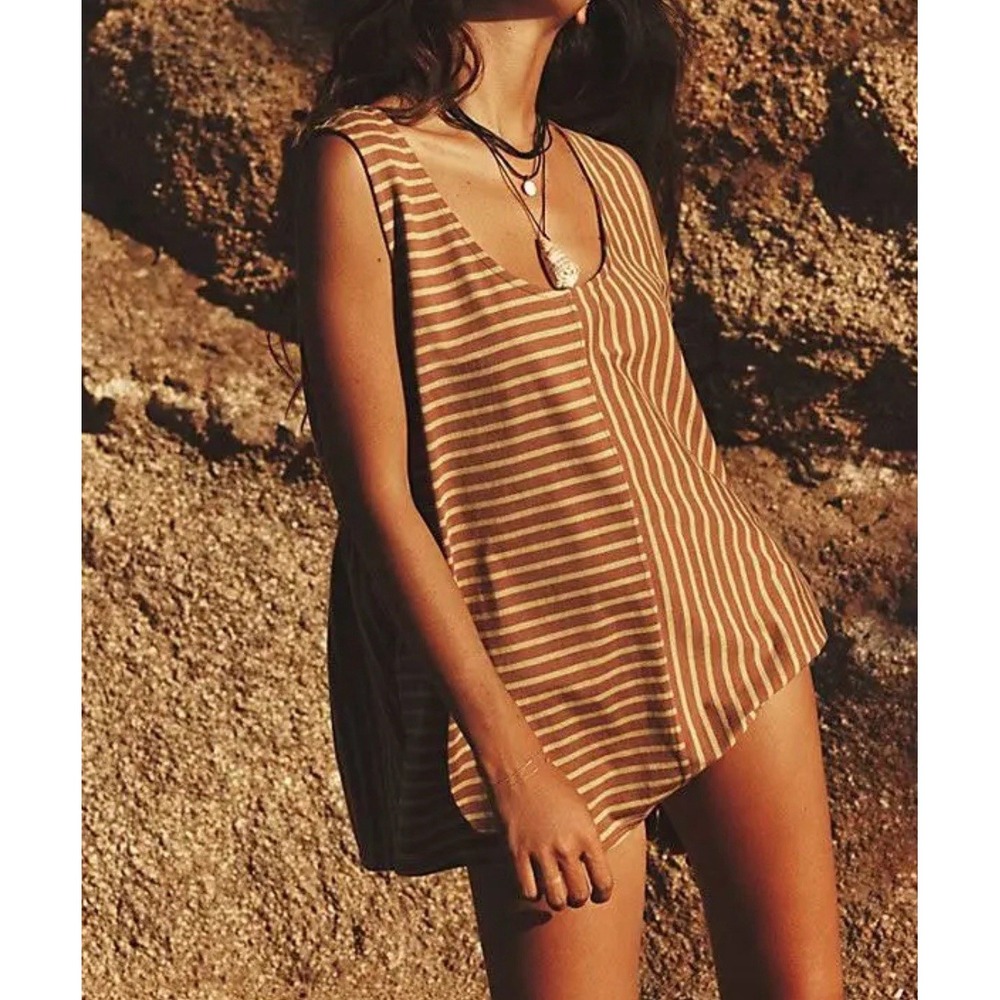 Free People Beach Julie Striped Tunic - Avocado Combo Sz XS BROWN GREEN NWOT